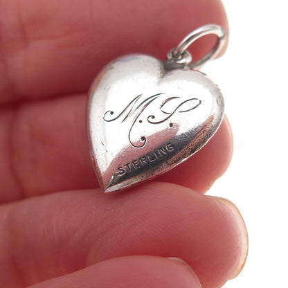 925 Sterling Silver Antique Art Deco Engraved Heart Chatelaine Charm Pendant