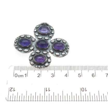 925 Sterling Silver Vintage Real Amethyst Modernist Cross Oxidized Pendant