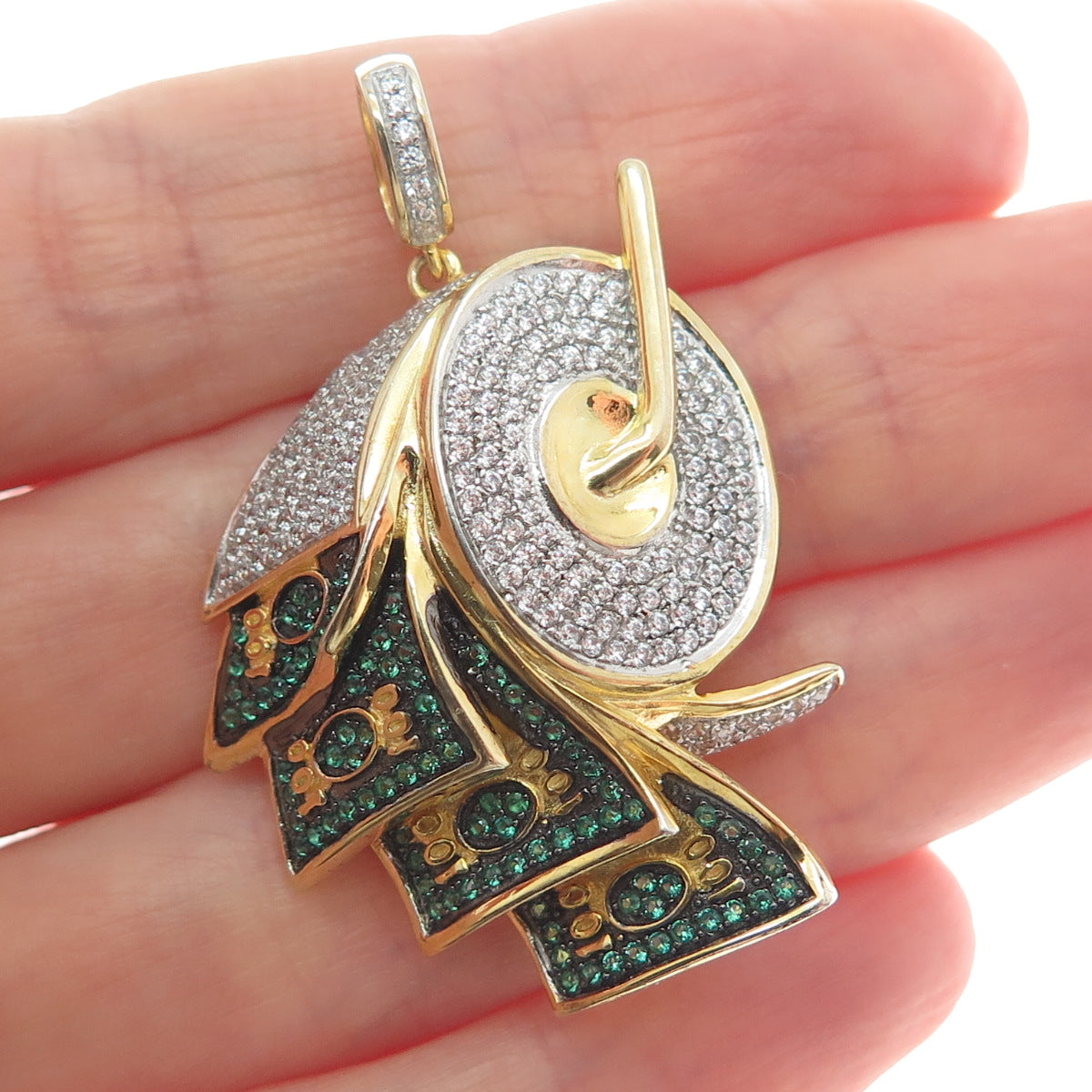 925 Sterling Silver Gold Plated White & Green C Z Roll of Money Pendant