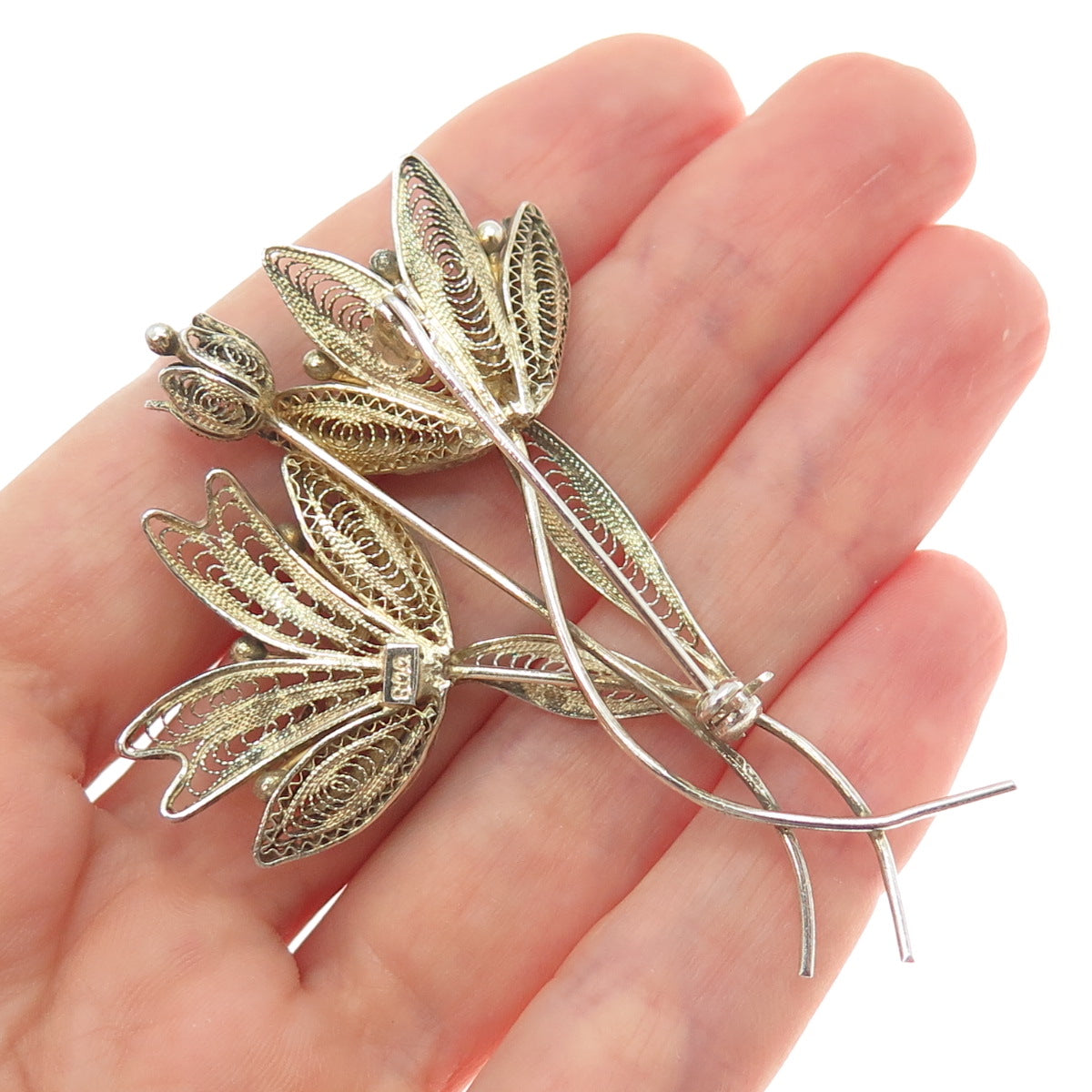 800 Silver Antique Art Deco Gold Plated Filigree Floral Pin Brooch