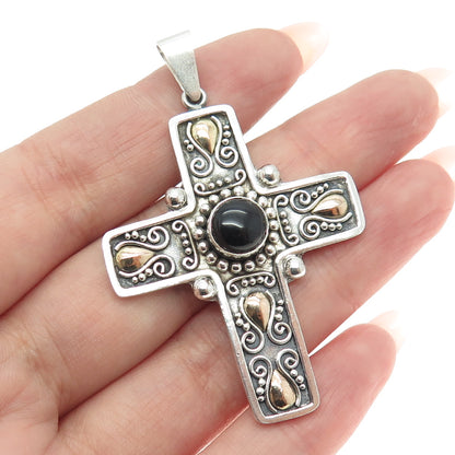 SUARTI BALI 18K Gold & Sterling Silver Vintage Black Onyx Floral Cross Pendant