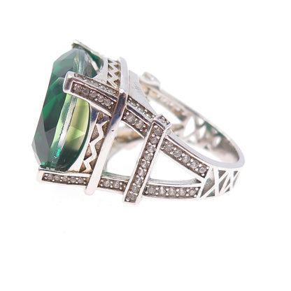 925 Sterling Silver Real Doublet Chrome Diopside & White Topaz Ring Size 6.25