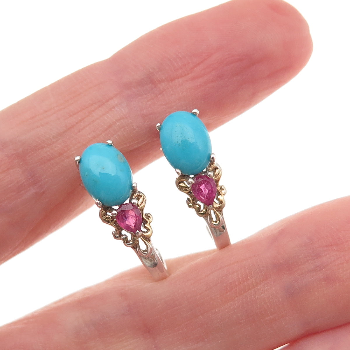 Chuck Clemency 925 Sterling Silver 2-Tone Real Turquoise & Ruby Earrings
