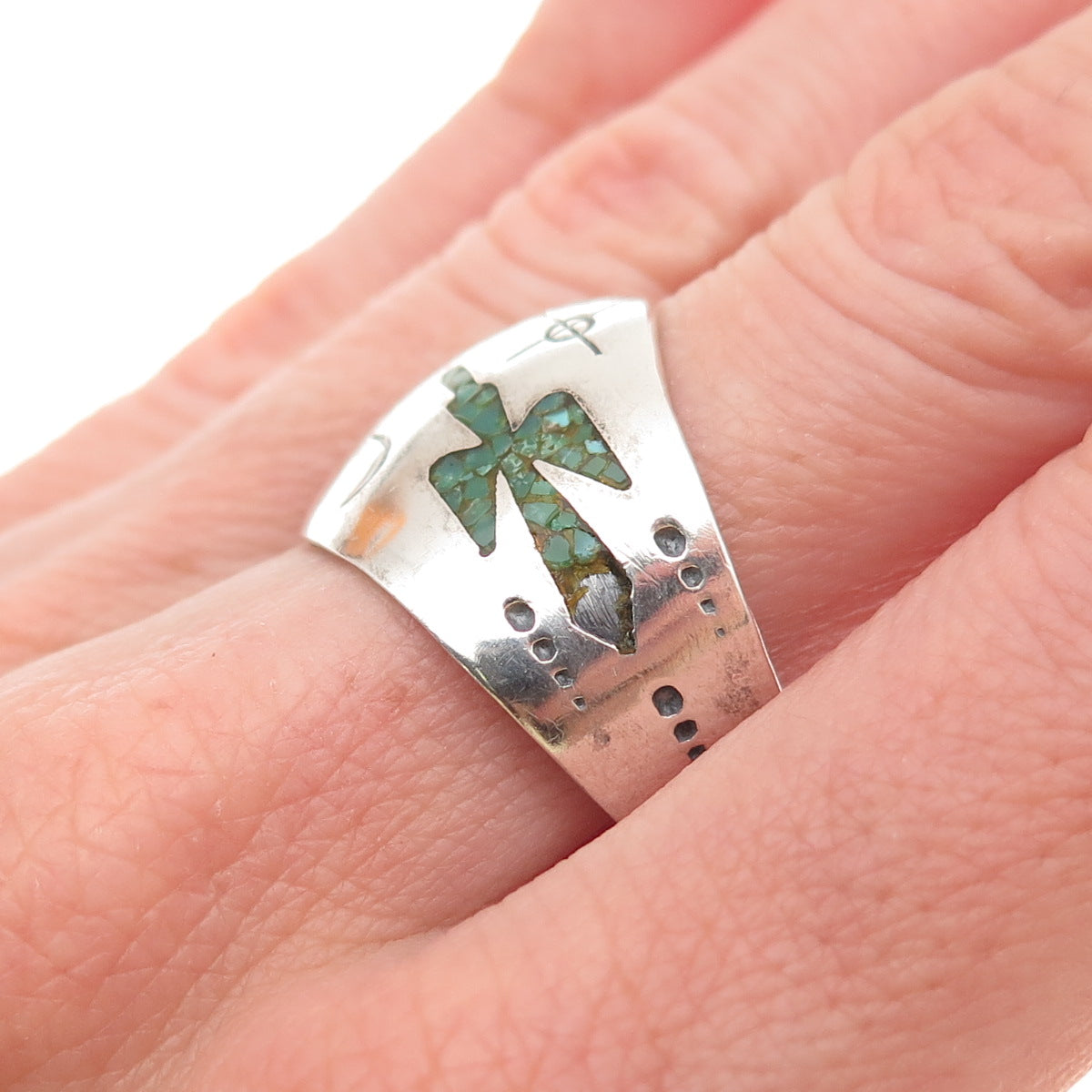 Charlie Singer Navajo Old Pawn 925 Sterling Turquoise Inlay Peyote Ring Size 8