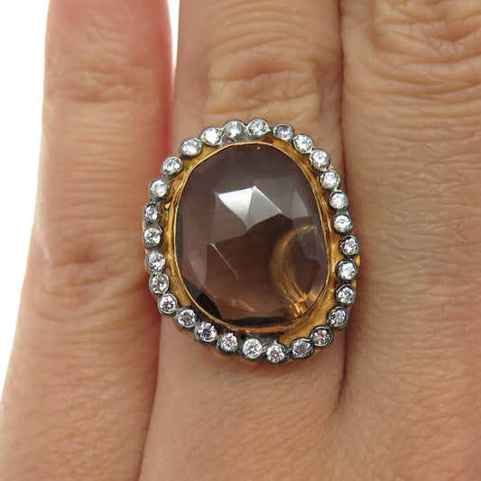 925 Sterling Silver Gold Plated Vintage Real Smoky Quartz & C Z Ring Size 6.5