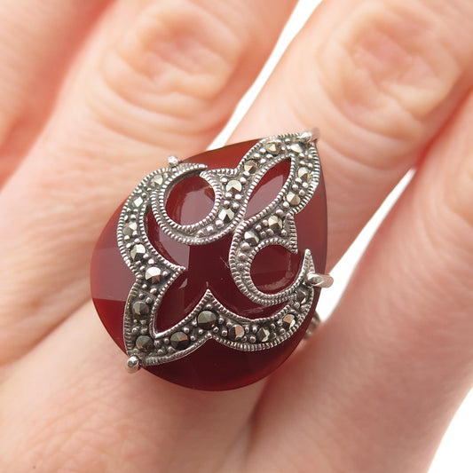 925 Sterling Silver Vintage Real Carnelian Marcasite Fleur de Lis Ring Size 6.75