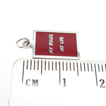 925 Sterling Silver Red Enamel "My Rules My Life" Minimalist Charm Pendant