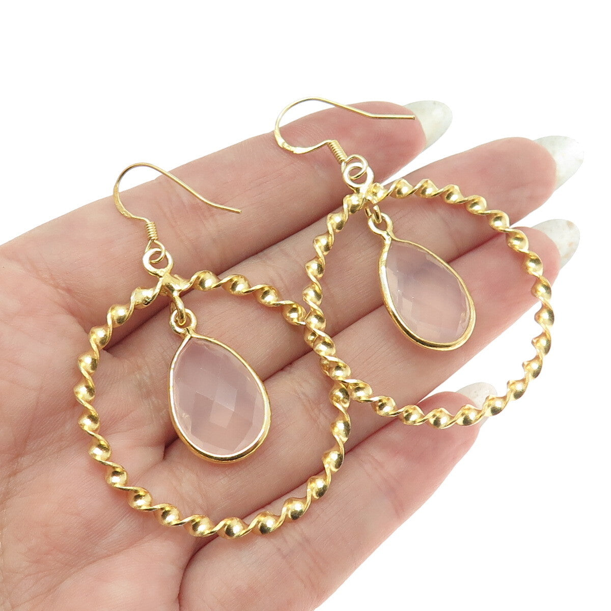 925 Sterling Silver Gold Plated Real Rose Quartz Twisted Circle Earrings