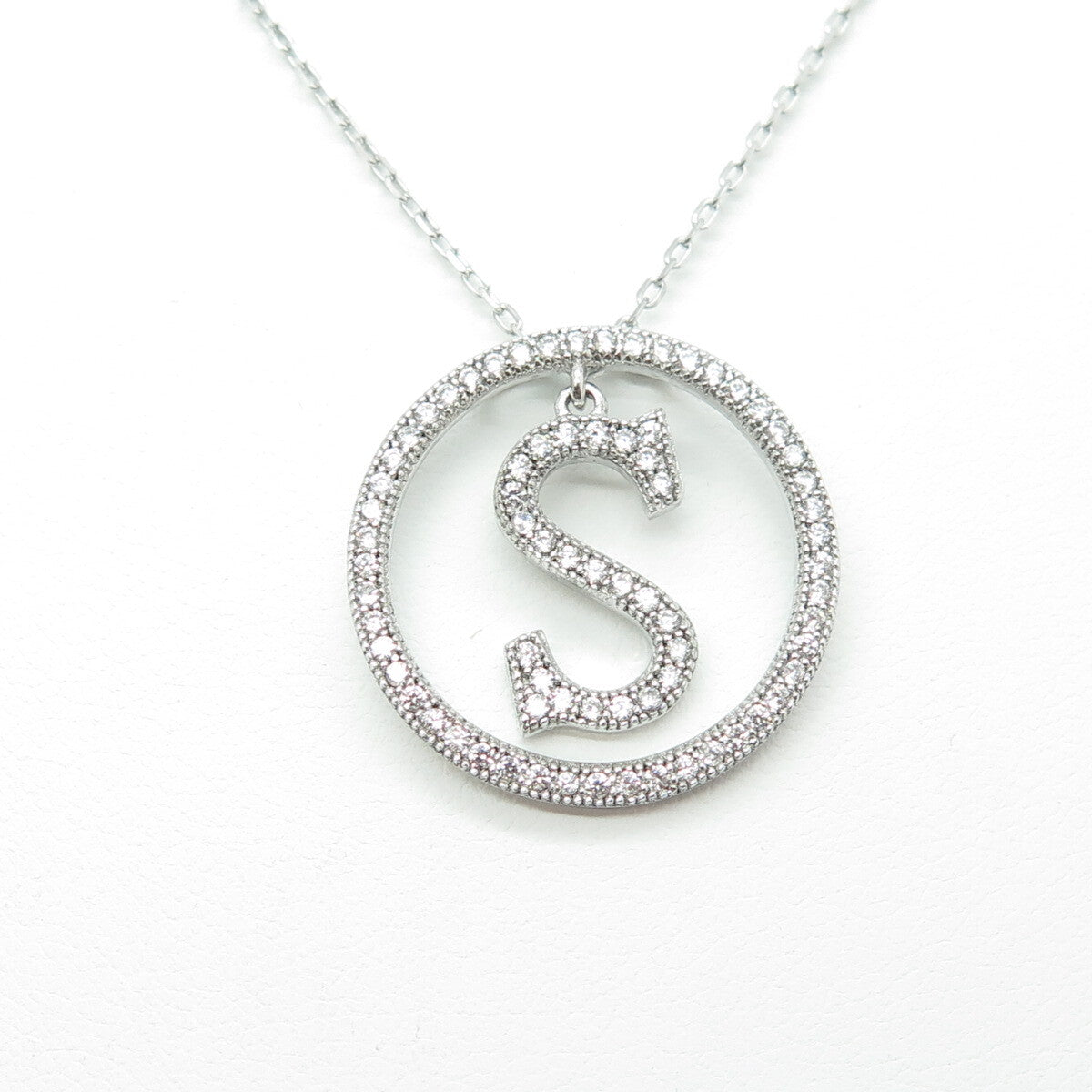 925 Sterling Silver Round-Cut C Z Letter "S" Initial Cable Chain Necklace 16-18"