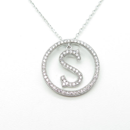 925 Sterling Silver Round-Cut C Z Letter "S" Initial Cable Chain Necklace 16-18"