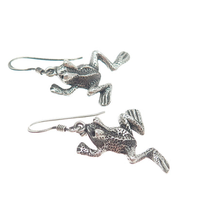 925 Sterling Silver Vintage Frog For Good Luck Oxidized Dangle Earrings