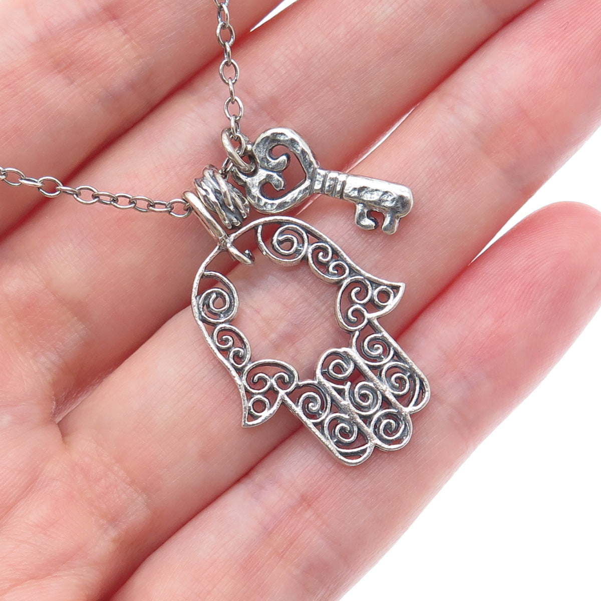 OR PAZ PZ Sterling Silver Vintage Israel Filigree Hamsa & Key Chain Necklace 18"