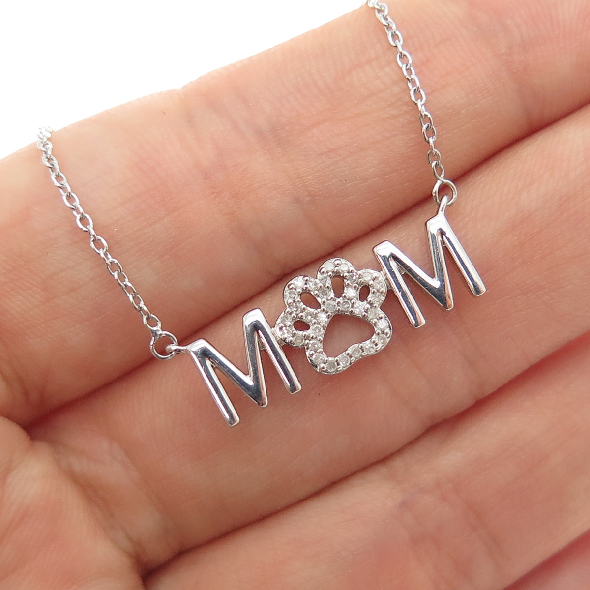 SUN 925 Sterling Silver Real Diamond Mom Dog Paw Cable Chain Necklace 16-18"