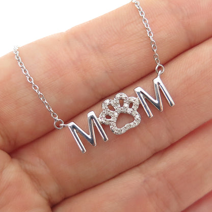 SUN 925 Sterling Silver Real Diamond Mom Dog Paw Cable Chain Necklace 16-18"