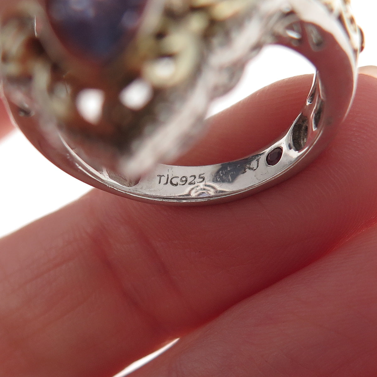925 Sterling Silver 2-Tone Real Tanzanite Carved Floral Ring Size 8.25