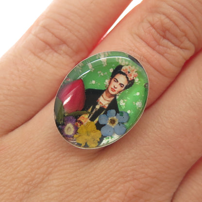 925 Sterling Silver Vintage Enamel Frida Kahlo Pressed Flowers Ring Size 6