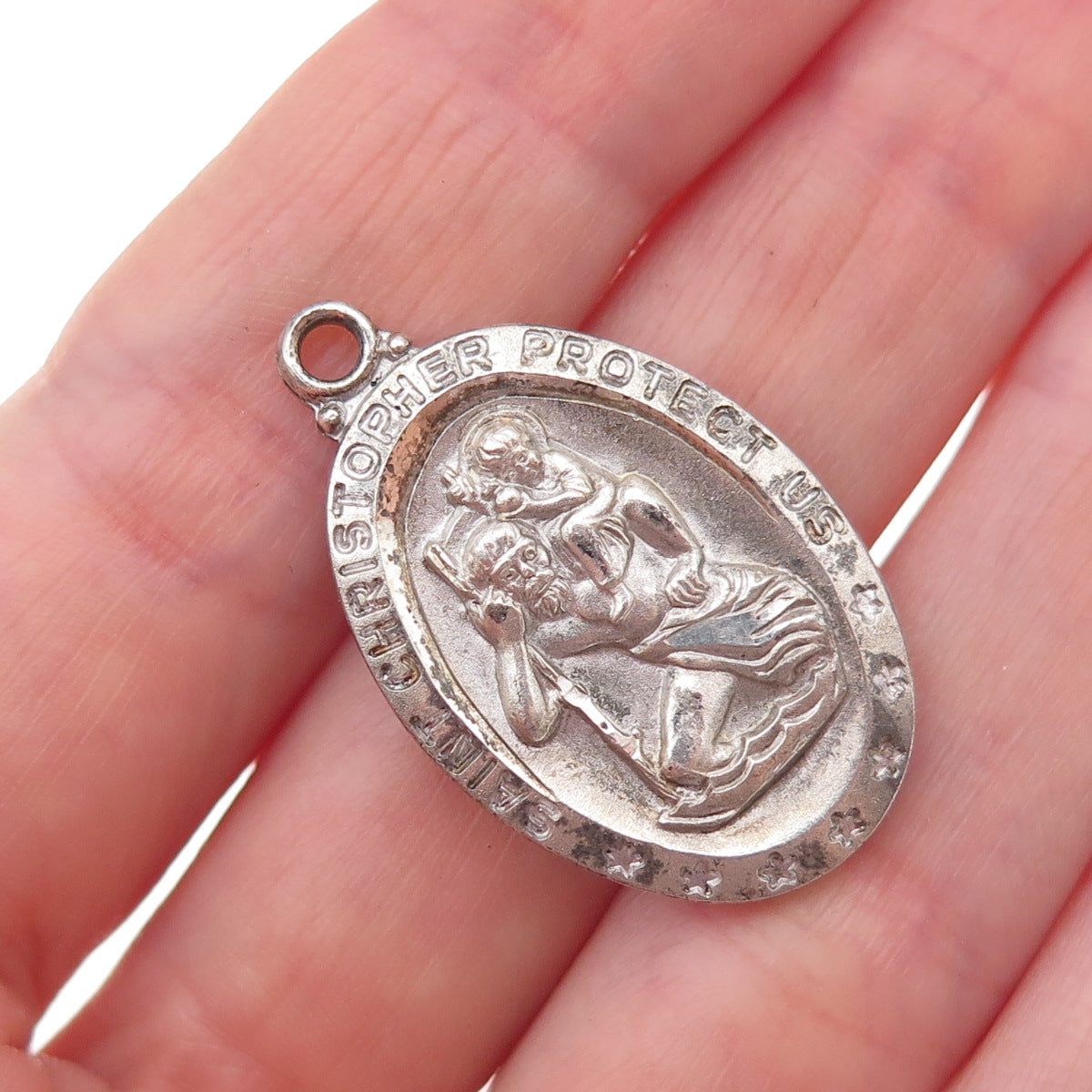 925 Sterling Silver Vintage St. Christopher Religious Oxidized Charm Pendant