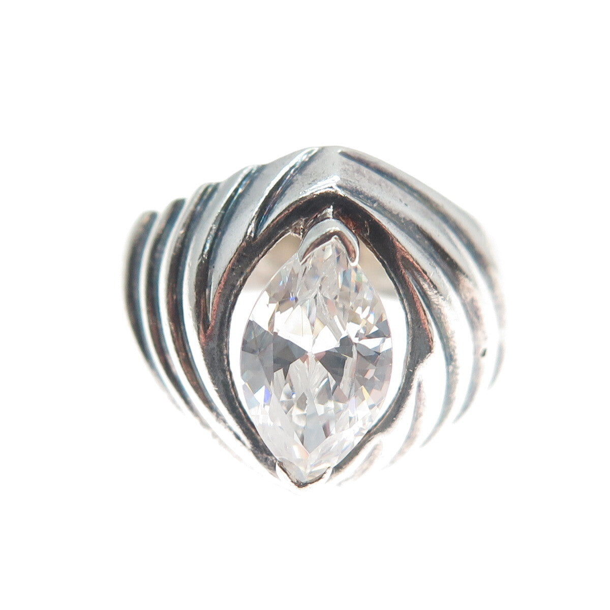 925 Sterling Silver Vintage Marquise-Cut Shaped C Z Ribbed Ring Size 9.25