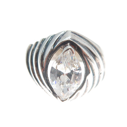 925 Sterling Silver Vintage Marquise-Cut Shaped C Z Ribbed Ring Size 9.25