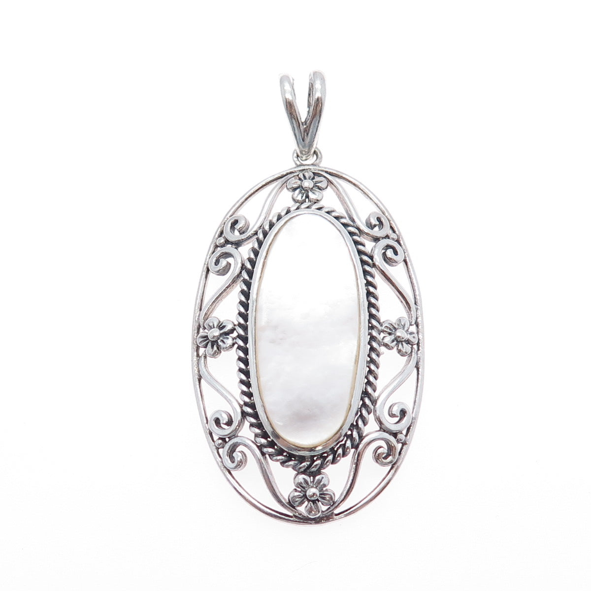 CFJ Collins Fine 925 Sterling Silver Vintage Real MOP Flower Oxidized Pendant