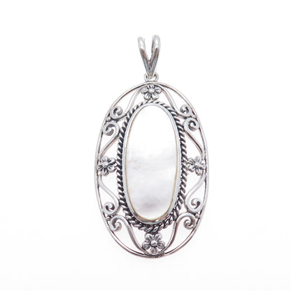 CFJ Collins Fine 925 Sterling Silver Vintage Real MOP Flower Oxidized Pendant