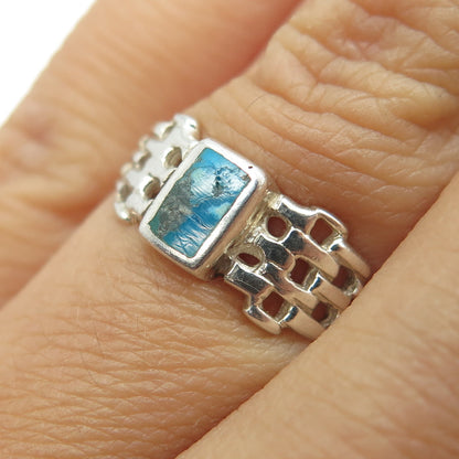 925 Sterling Silver Vintage European Real Kingman Turquoise Mesh Ring Size 6.75