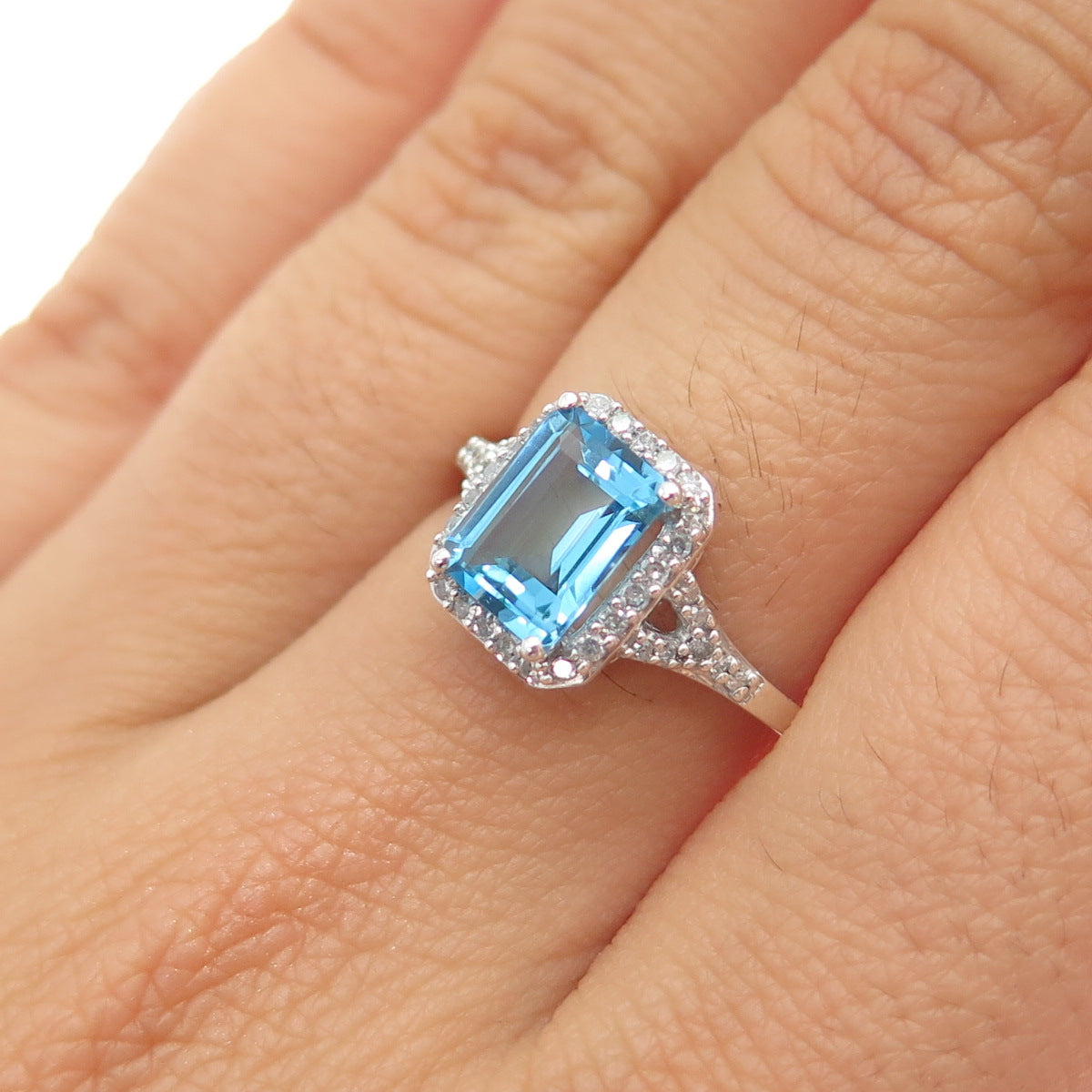 SAI 925 Sterling Silver Real Diamond & Blue Topaz Ring Size 7