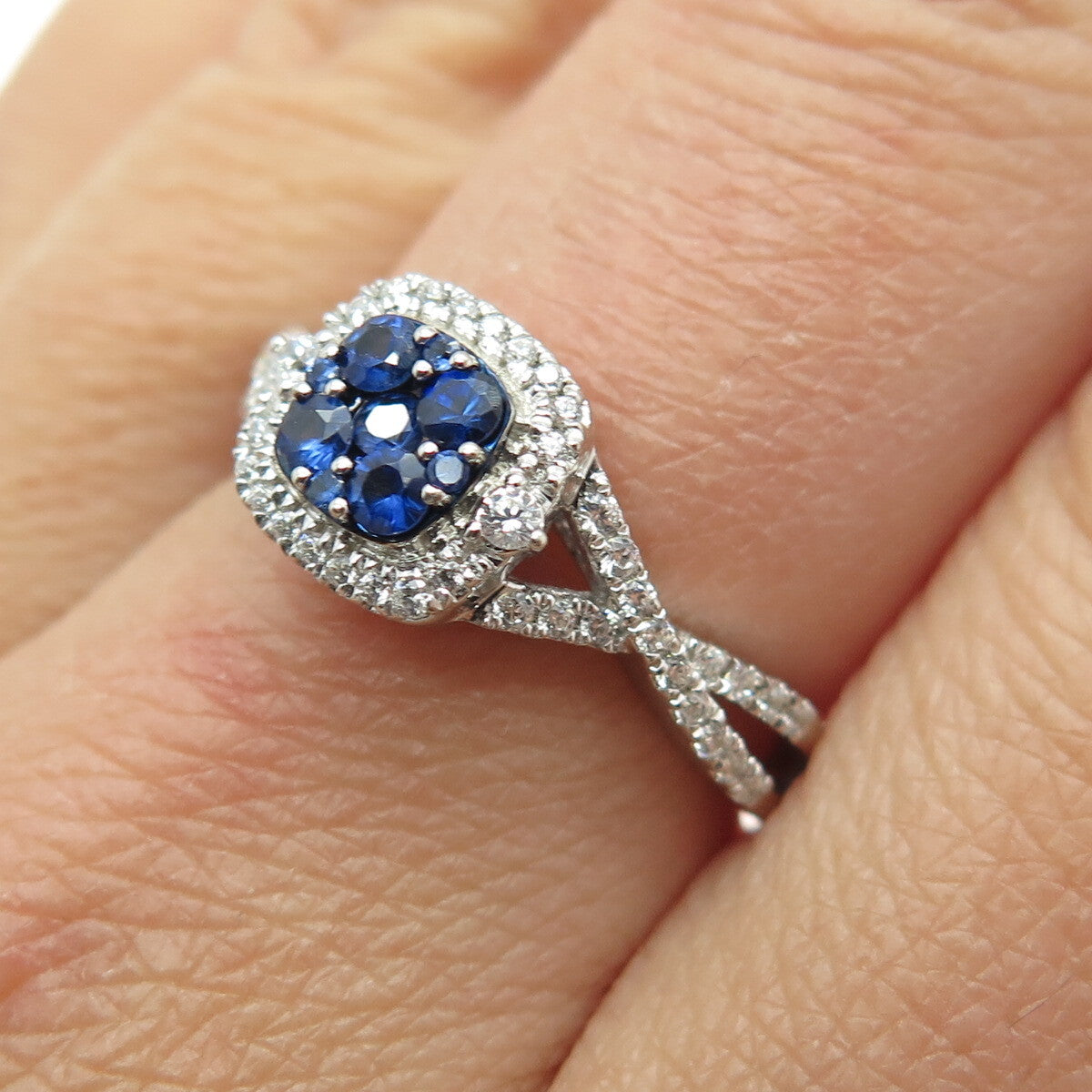 925 Sterling Silver Round-Cut Lab-Created Sapphire & C Z Ring Size 7