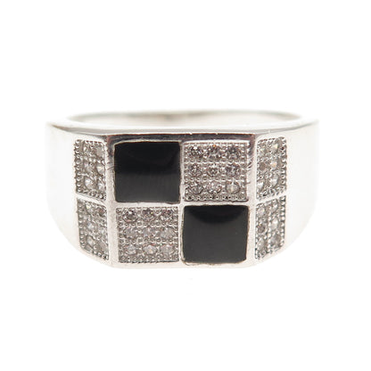 925 Sterling Silver Real Black Onyx & C Z Check Pattern Ring Size 11.5