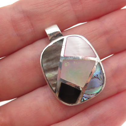 925 Sterling Silver Vintage Real MOP & Abalone Shell Mosaic Charm Pendant