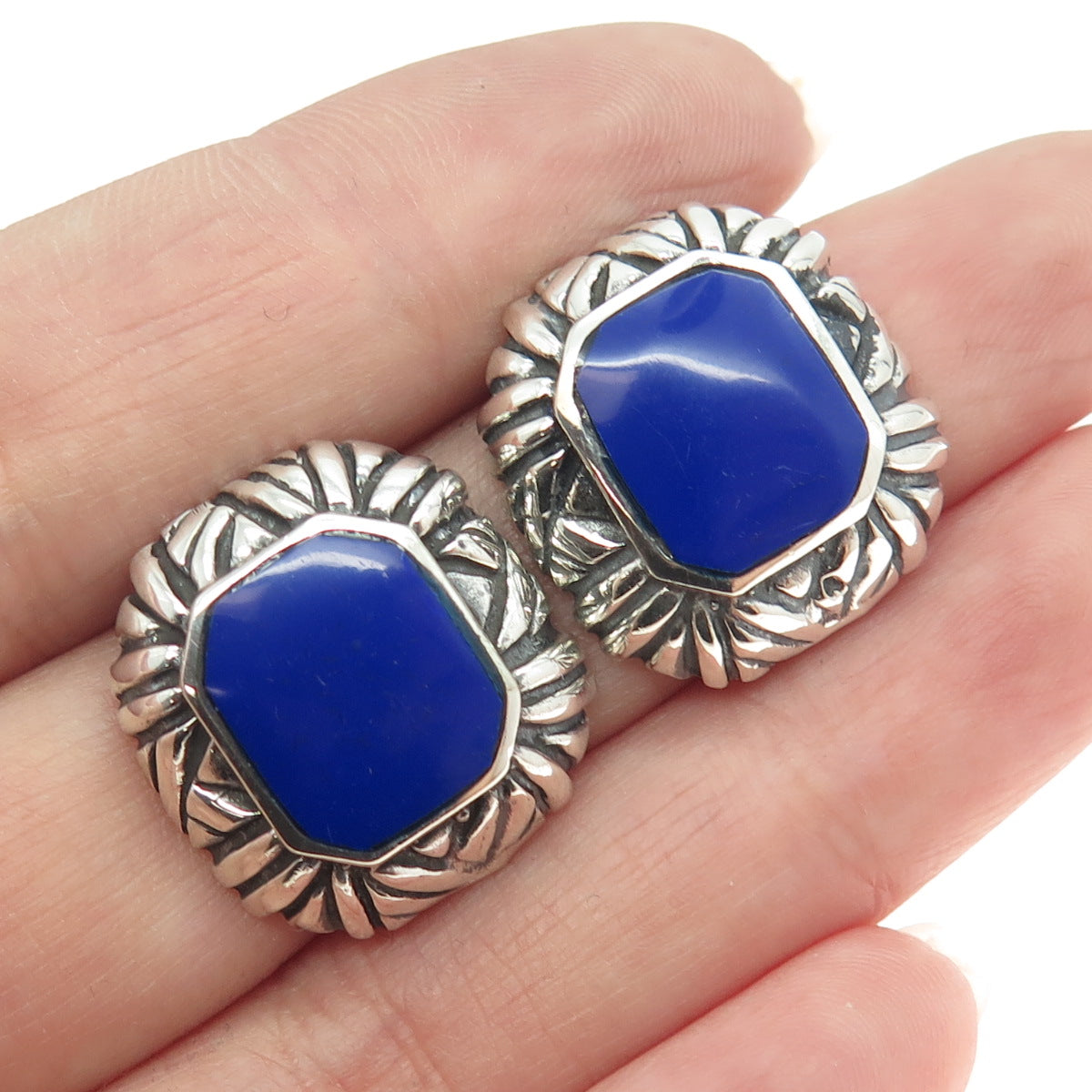 925 Sterling Silver Vintage Real Lapis Lazuli Gemstone  Ethnic Earrings