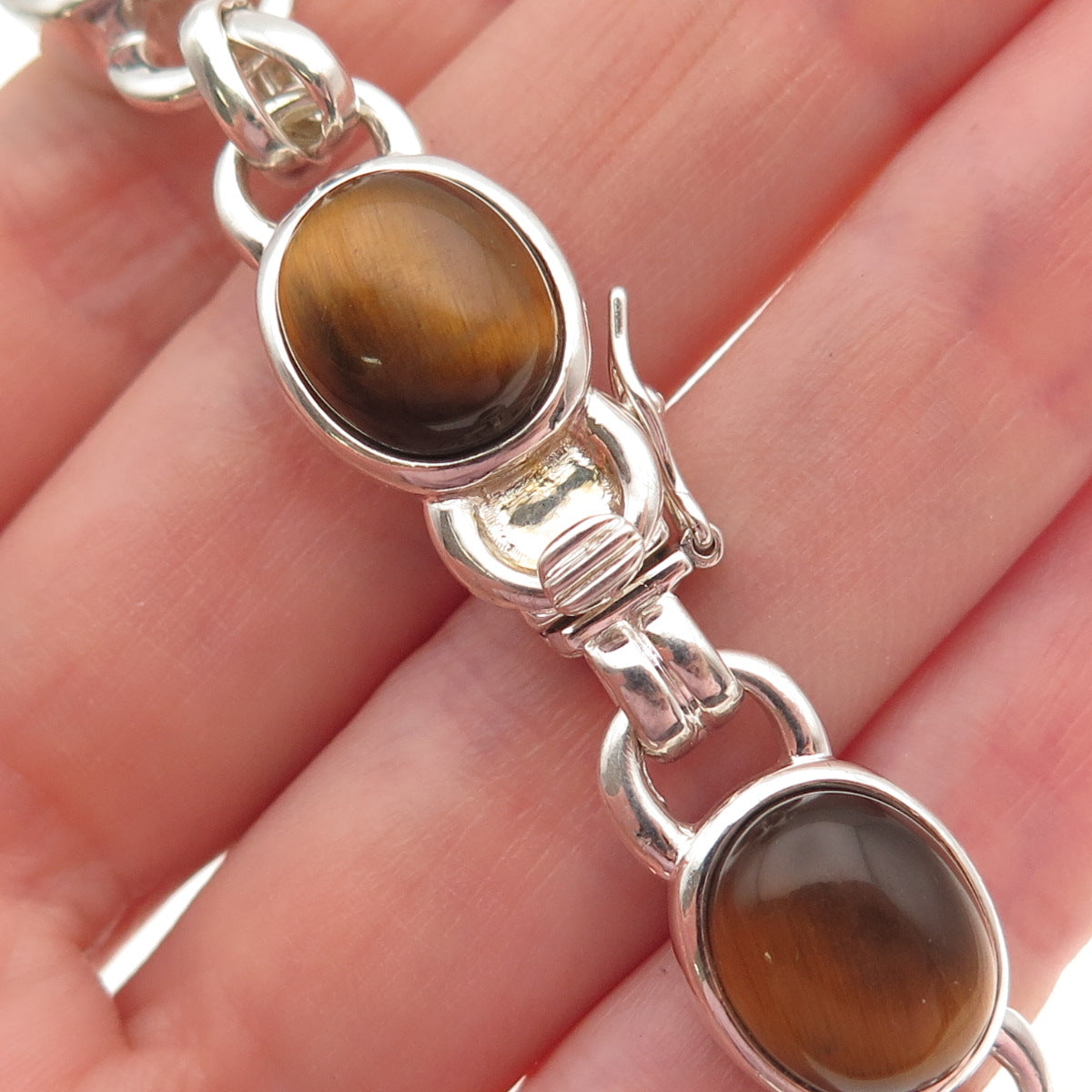 925 Sterling Silver Vintage Real Citrine Smoky Quartz Tiger Eye Bracelet 7"