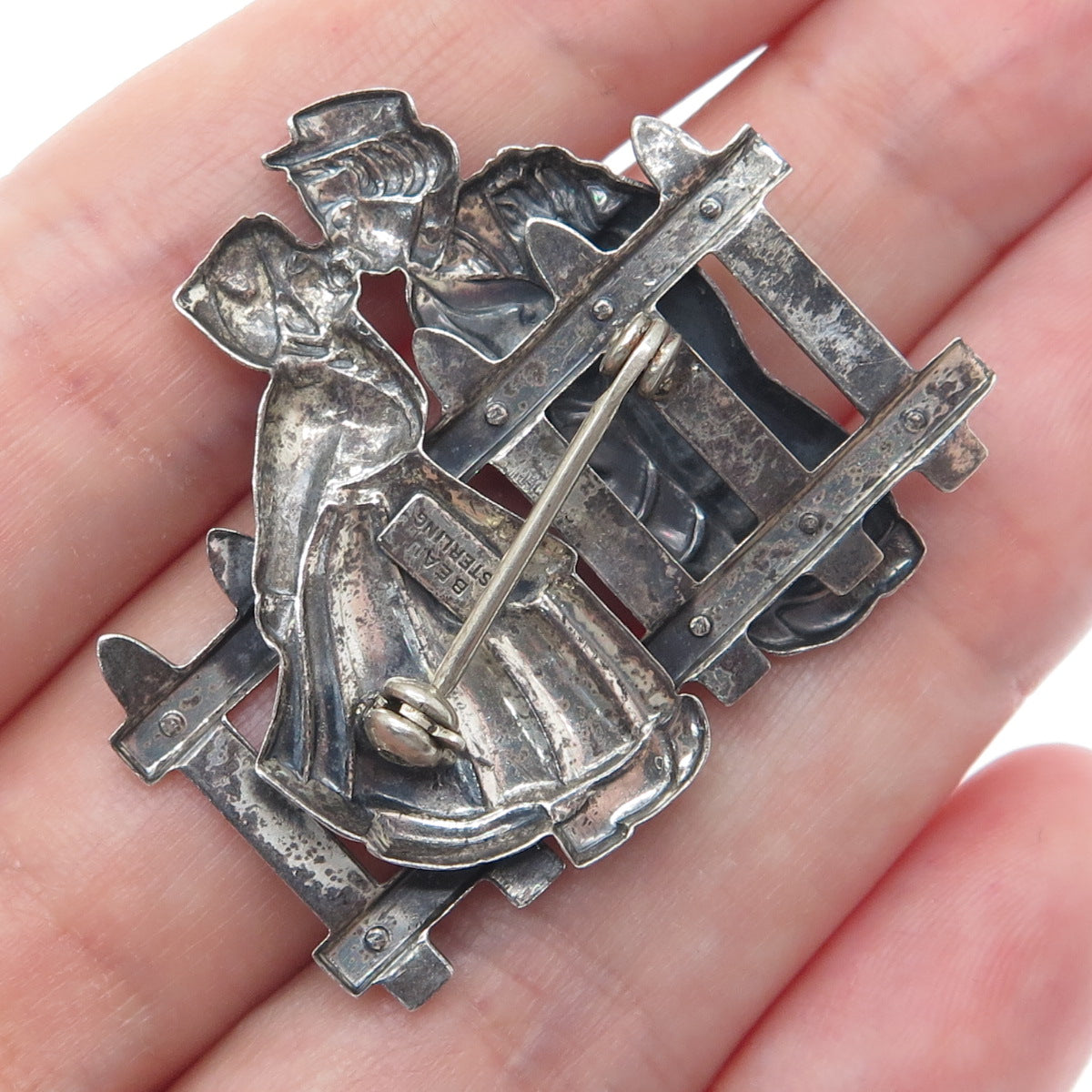 BEAU 925 Sterling Silver Vintage Kissing Couple Along a Fence Oxidized Brooch