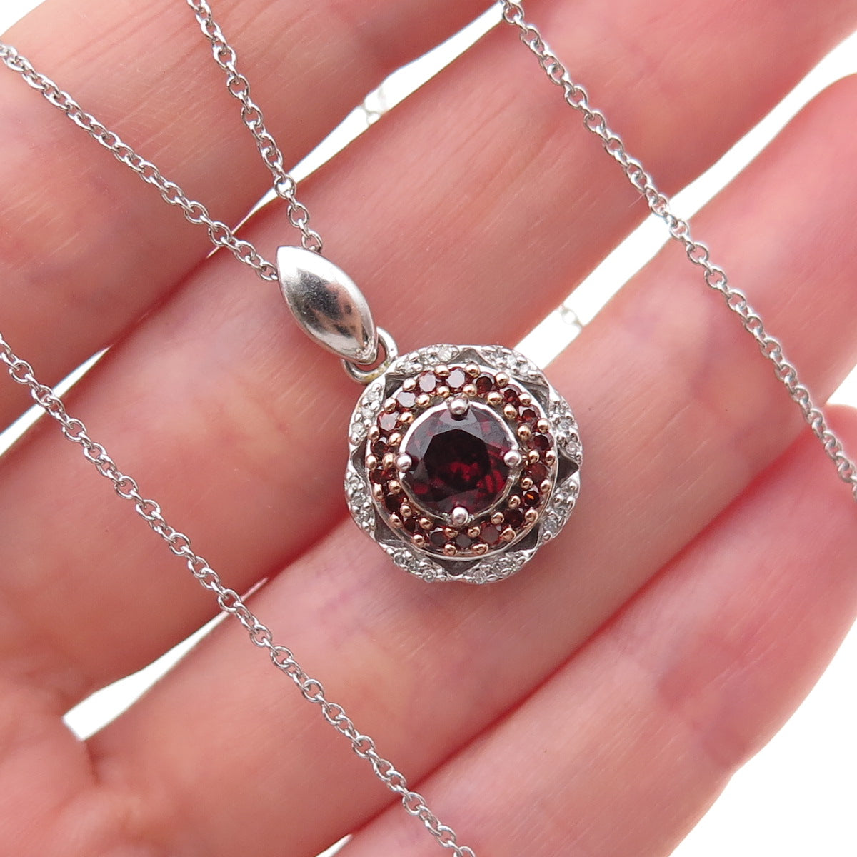 925 Sterling 2-Tone Real Red & White Diamond Garnet Cable Chain Necklace 18"