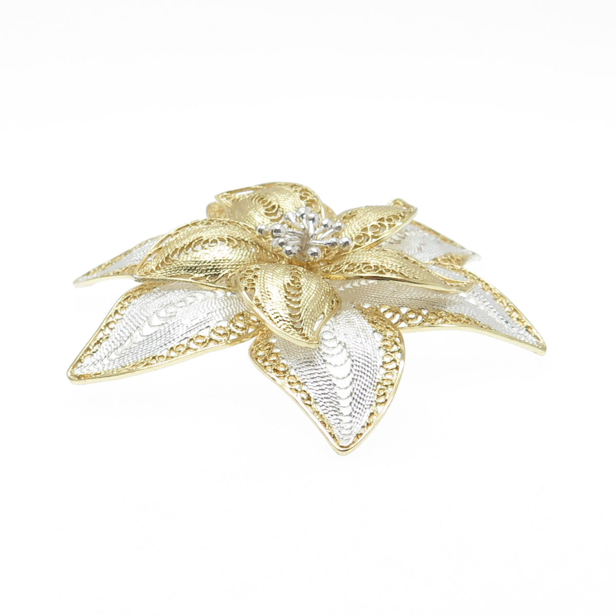 ASJ MAURITIUS 925 Sterling Silver 2-Tone Vintage Filigree Floral Pin Brooch