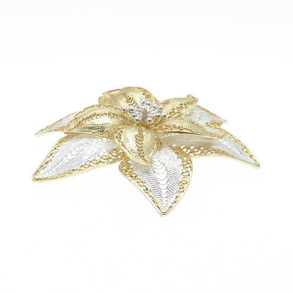 ASJ MAURITIUS 925 Sterling Silver 2-Tone Vintage Filigree Floral Pin Brooch
