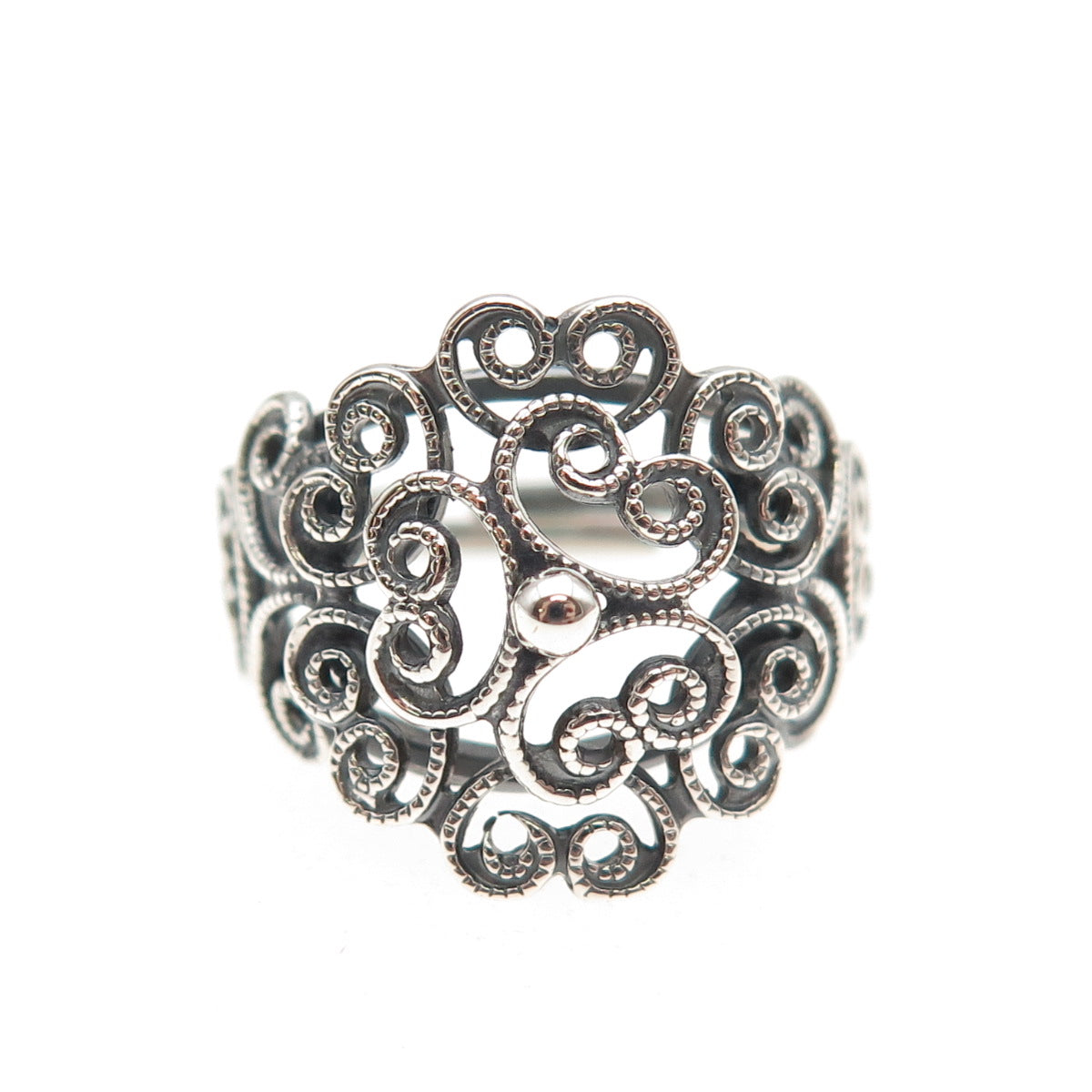 Beau Sterling Silver Antique Art Deco Heart Filigree Adjustable Ring Size 6.25