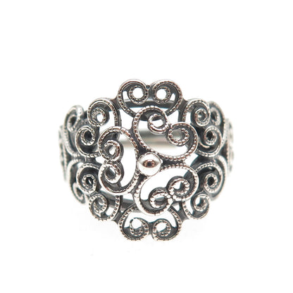 Beau Sterling Silver Antique Art Deco Heart Filigree Adjustable Ring Size 6.25