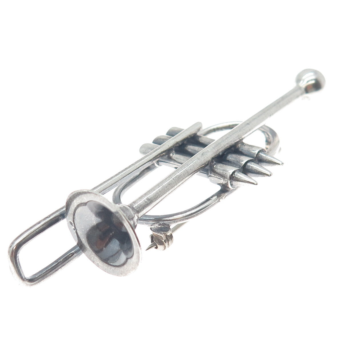 925 Sterling Silver Vintage Trombone Music Instrument Oxidized Pin Brooch