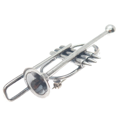 925 Sterling Silver Vintage Trombone Music Instrument Oxidized Pin Brooch