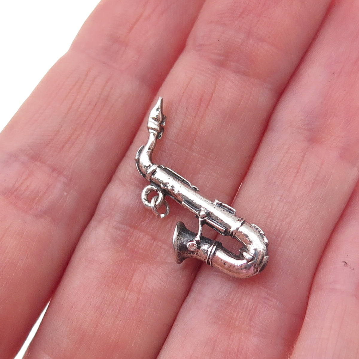 925 Sterling Silver Antique Art Deco Saxophone Oxidized 3D Charm Pendant