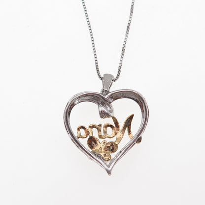 925 Sterling Silver 2-Tone Real Diamond Nana Heart Box Chain Necklace 18"