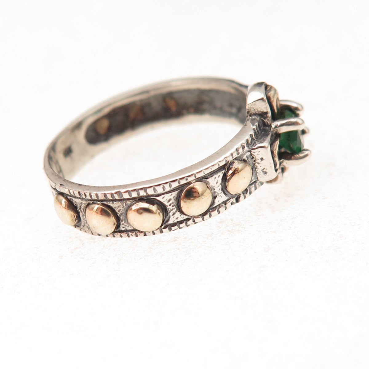925 Sterling Silver 10K Gold Vintage Real Emerald Cross Oxidized Ring Size 7