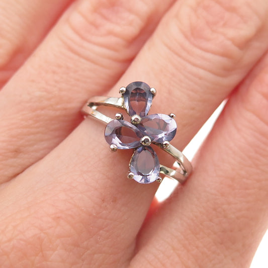 925 Sterling Silver Vintage Real Pear-Cut Iolite Cluster Ring Size 8.25