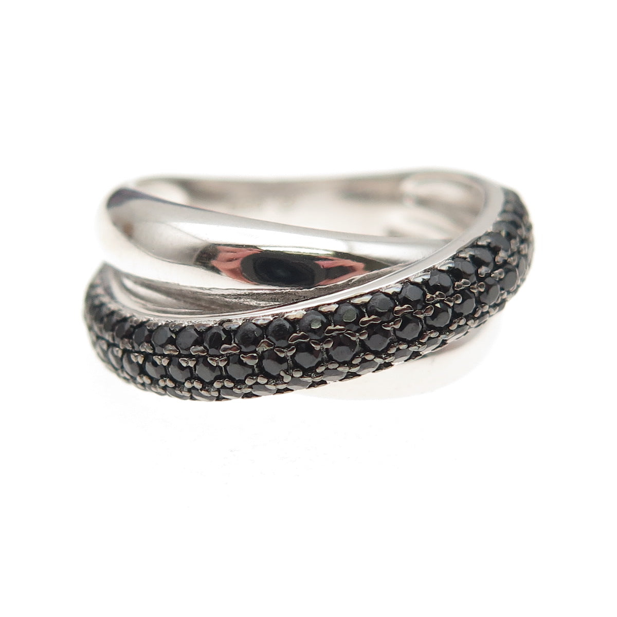 925 Sterling Silver Real Round-Cut Black Spinel Crisscross Ring Size 6.5