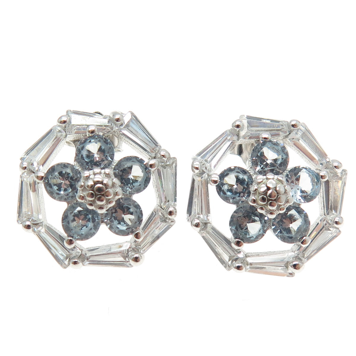 925 Sterling Silver White & Blue C Z Stud Earrings