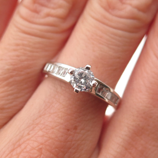 Ken Crafts 925 Sterling Silver Round & Emerald-Cut C Z Engagement Ring Size 7