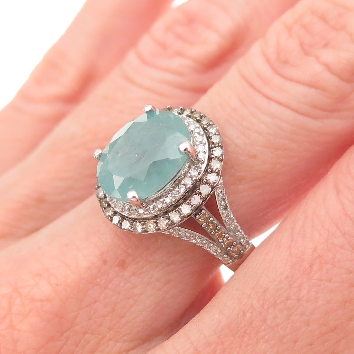 D'Joy 925 Sterling Silver Real Champagne Diamond & Aquamarine Ring Size 8