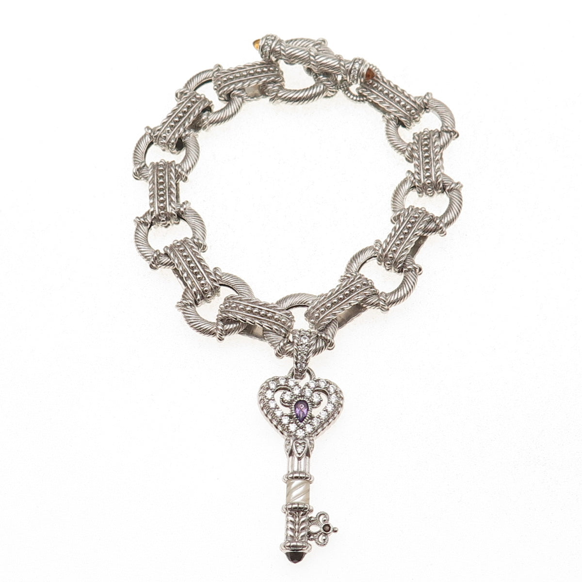 Judith Ripka 925 Sterling Silver Real Multi-Gem & C Z Heart Key Bracelet 7.5"