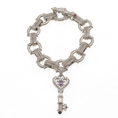 Judith Ripka 925 Sterling Silver Real Multi-Gem & C Z Heart Key Bracelet 7.5"